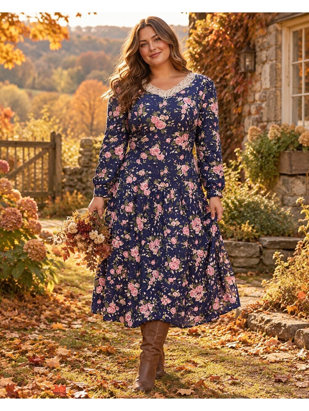 Vintage Betsys Things Prairie Dress Womens Large Floral Lace Neckline Romantic
